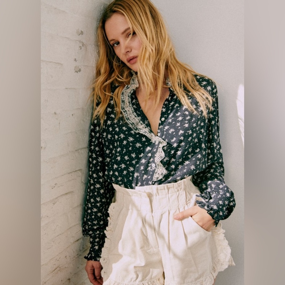 Sezane Black Floral Ruffle-Trim Blouse